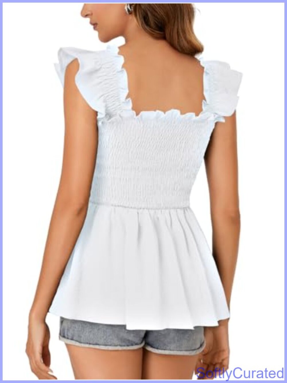 Smocked Square Neck Peplum Cami Blouse Ruffle Hem - Picture 4 of 6
